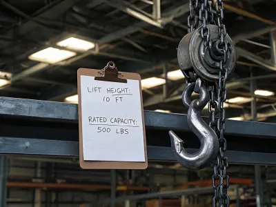 Load chain and hook geometry notes on a clipboard