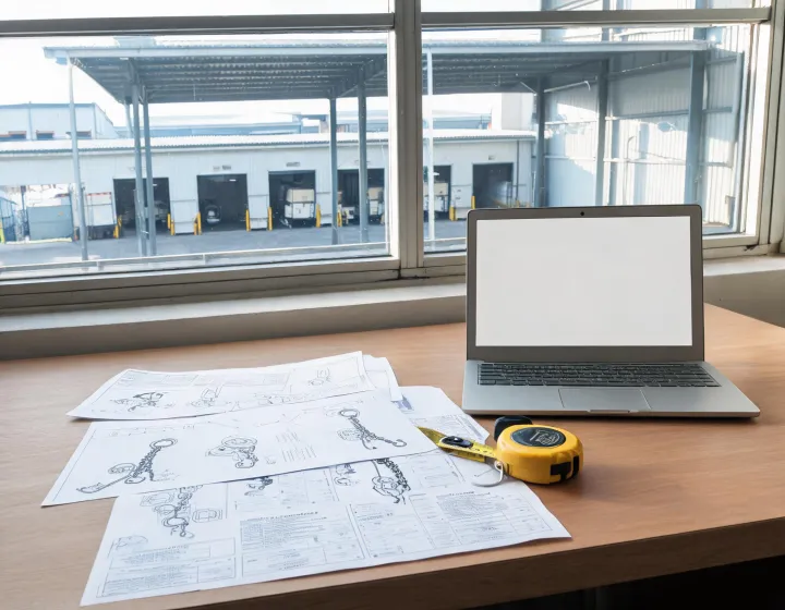 Sourcing desk reviewing chain hoist specification sheets beside a warehouse window