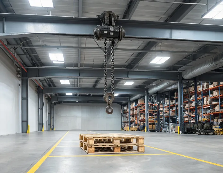 heavy duty chain hoist hanging from a warehouse beam near pallet racking