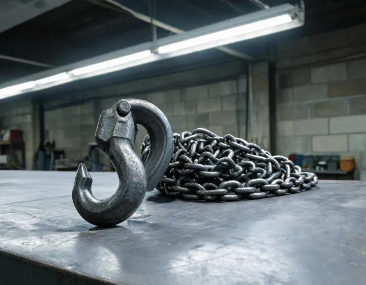 1 ton heavy duty chain hoist hook and load chain on a steel workbench